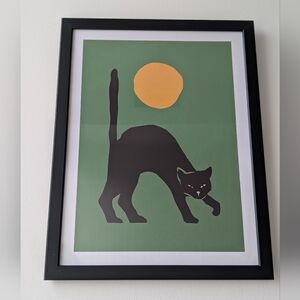 Black Cat Wall Art Print in Green and Mustard - Pets Cat Decor